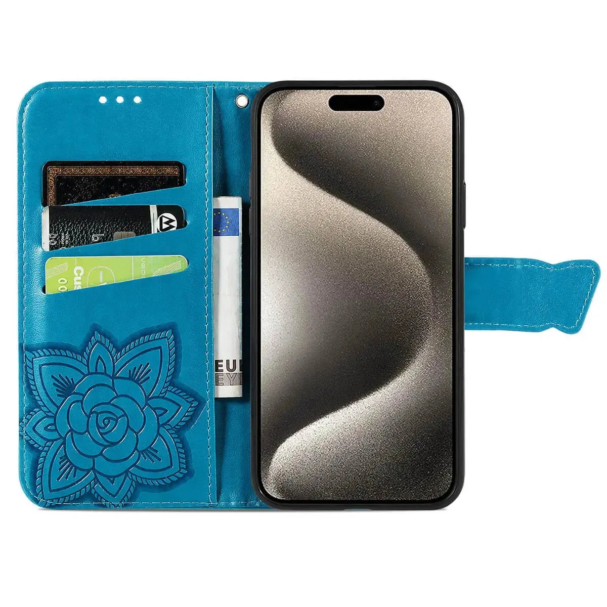 Buy Wallet Case for iPhone, Leather Flip Cover with Card Slots, Wrist Strap, Butterfly Embossed Design, Stand Feature - VANNY at Caseles-iPhone 16 Pro Max, Black