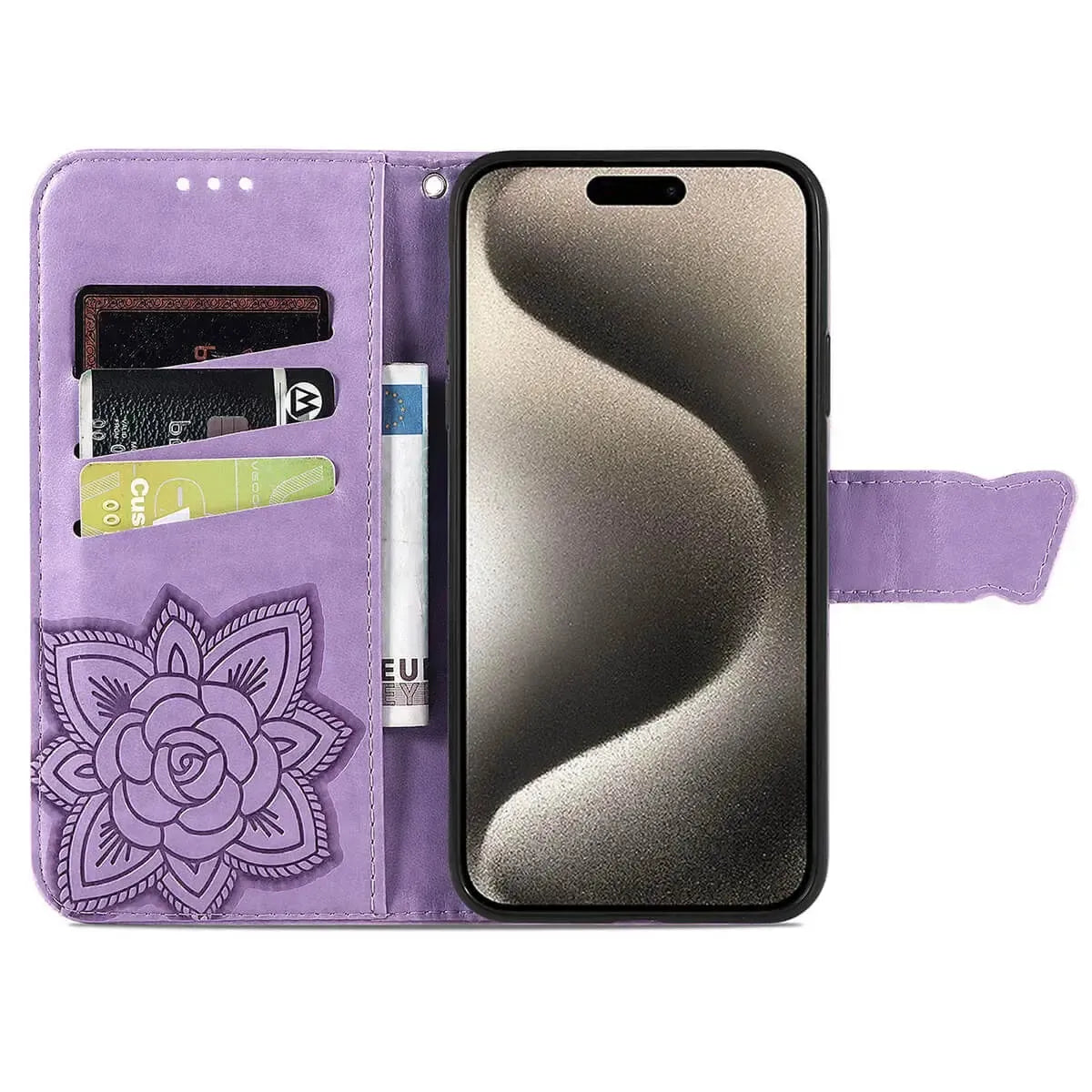 Buy Wallet Case for iPhone, Leather Flip Cover with Card Slots, Wrist Strap, Butterfly Embossed Design, Stand Feature - VANNY at Caseles-iPhone 16 Pro Max, Black