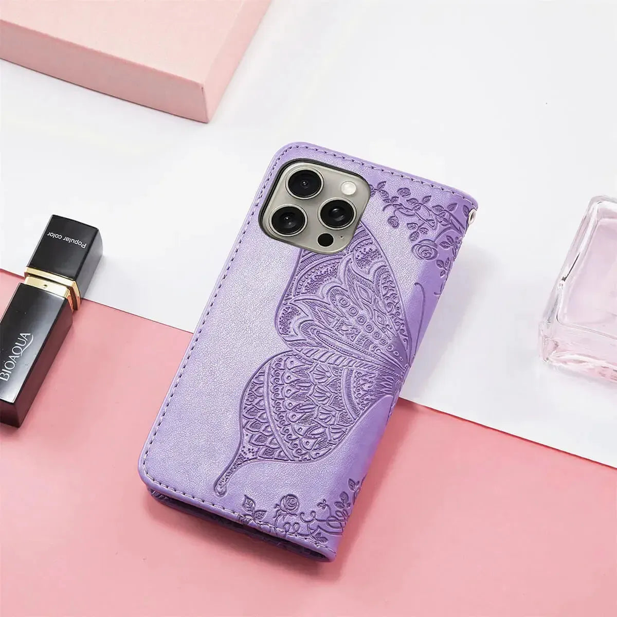 Buy Wallet Case for iPhone, Leather Flip Cover with Card Slots, Wrist Strap, Butterfly Embossed Design, Stand Feature - VANNY at Caseles-iPhone 16 Pro Max, Black