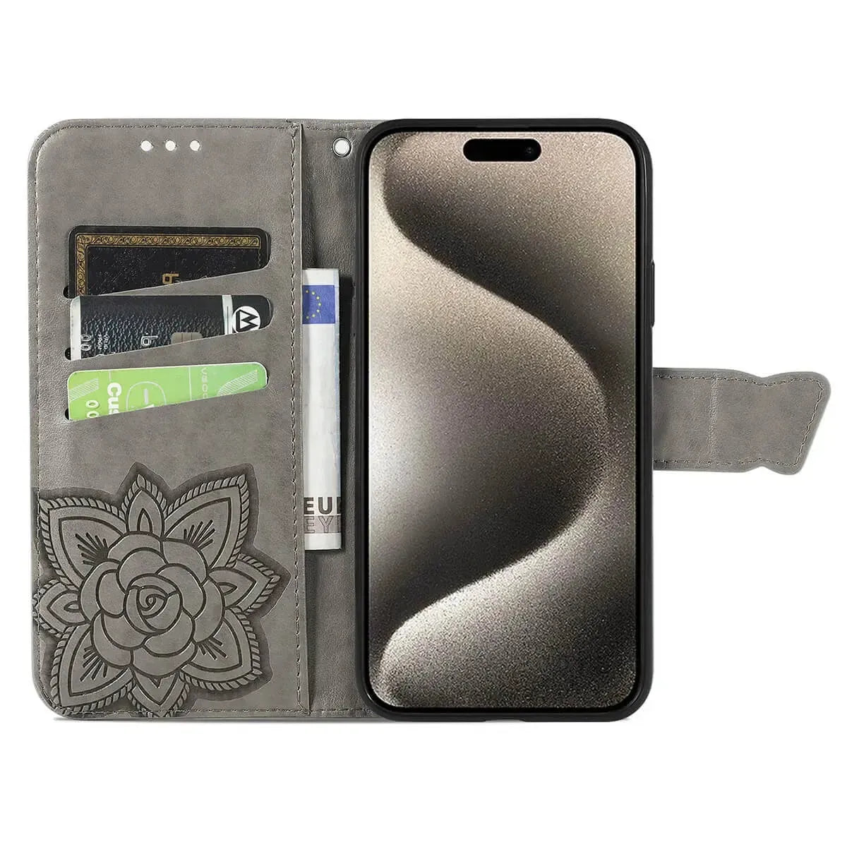 Buy Wallet Case for iPhone, Leather Flip Cover with Card Slots, Wrist Strap, Butterfly Embossed Design, Stand Feature - VANNY at Caseles-iPhone 16 Pro Max, Black