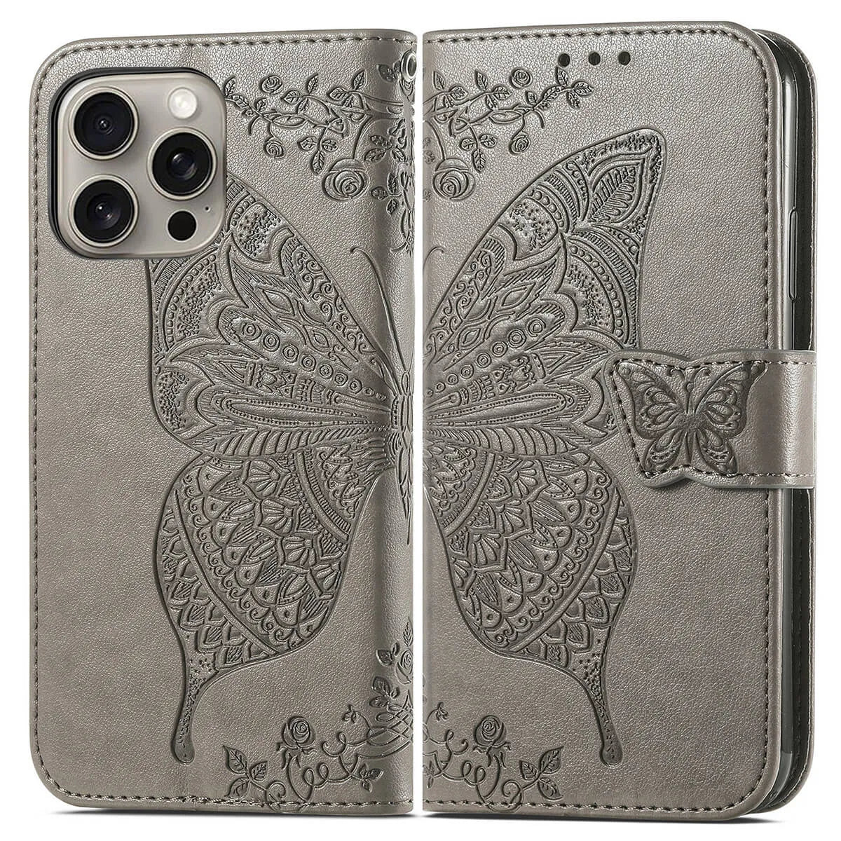 Buy Wallet Case for iPhone, Leather Flip Cover with Card Slots, Wrist Strap, Butterfly Embossed Design, Stand Feature - VANNY at Caseles-iPhone 16 Pro Max, Black