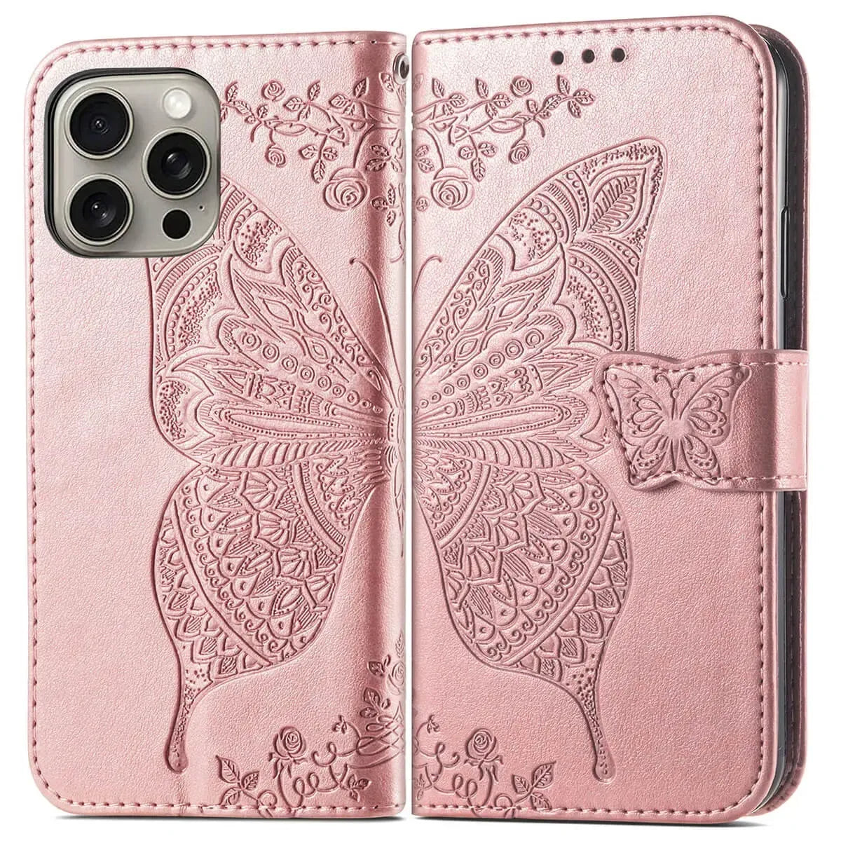 Buy Wallet Case for iPhone, Leather Flip Cover with Card Slots, Wrist Strap, Butterfly Embossed Design, Stand Feature - VANNY at Caseles-iPhone 16 Pro Max, Black