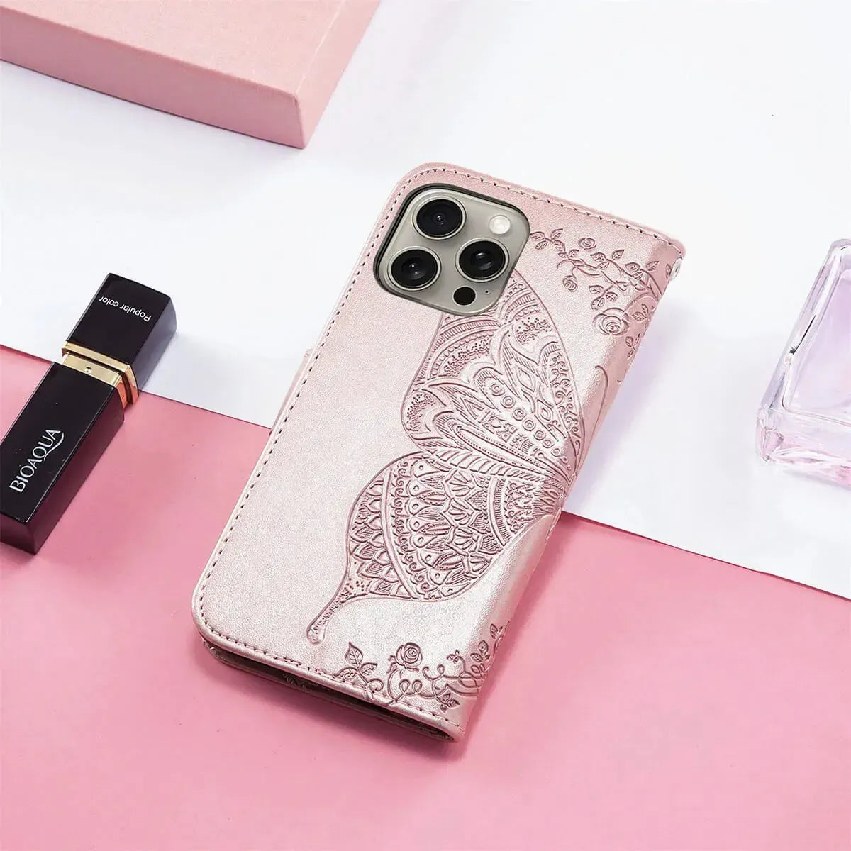 Buy Wallet Case for iPhone, Leather Flip Cover with Card Slots, Wrist Strap, Butterfly Embossed Design, Stand Feature - VANNY at Caseles-iPhone 16 Pro Max, Black