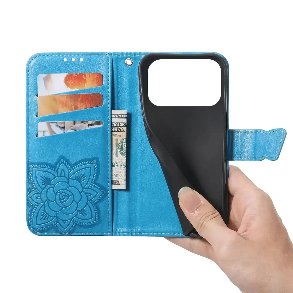 Buy Wallet Case for iPhone, Leather Flip Cover with Card Slots, Wrist Strap, Butterfly Embossed Design, Stand Feature - VANNY at Caseles-iPhone 17 Pro Max, Black