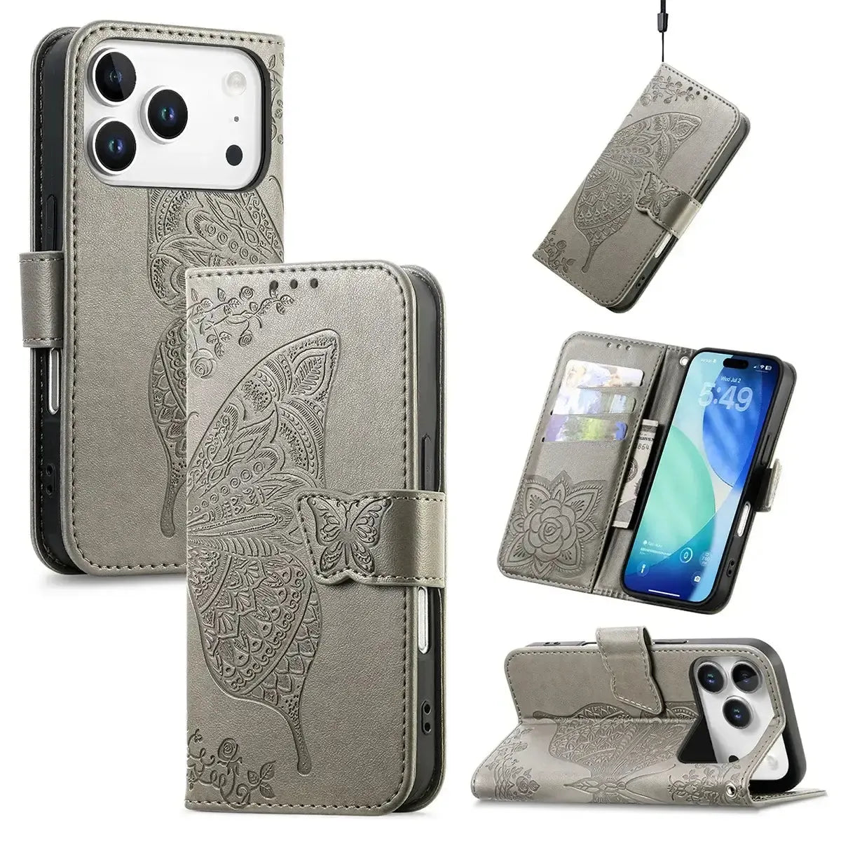 Buy Wallet Case for iPhone, Leather Flip Cover with Card Slots, Wrist Strap, Butterfly Embossed Design, Stand Feature - VANNY at Caseles-iPhone 17 Pro Max, Grey