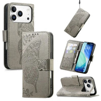 Buy Wallet Case for iPhone, Leather Flip Cover with Card Slots, Wrist Strap, Butterfly Embossed Design, Stand Feature - VANNY at Caseles-iPhone 17 Pro Max, Grey