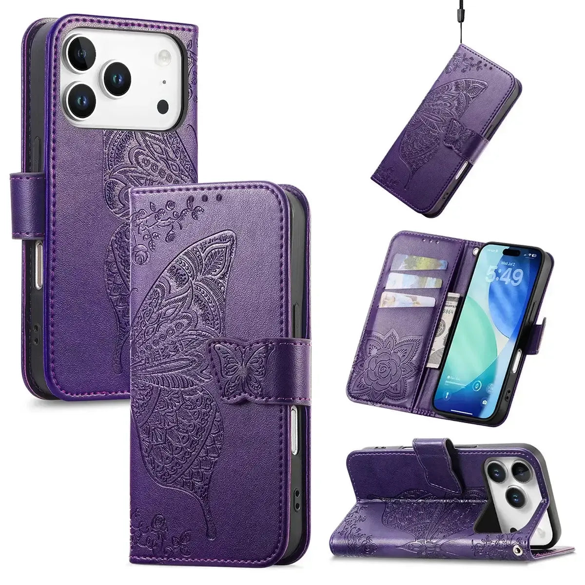 Buy Wallet Case for iPhone, Leather Flip Cover with Card Slots, Wrist Strap, Butterfly Embossed Design, Stand Feature - VANNY at Caseles-iPhone 17 Pro Max, Purple