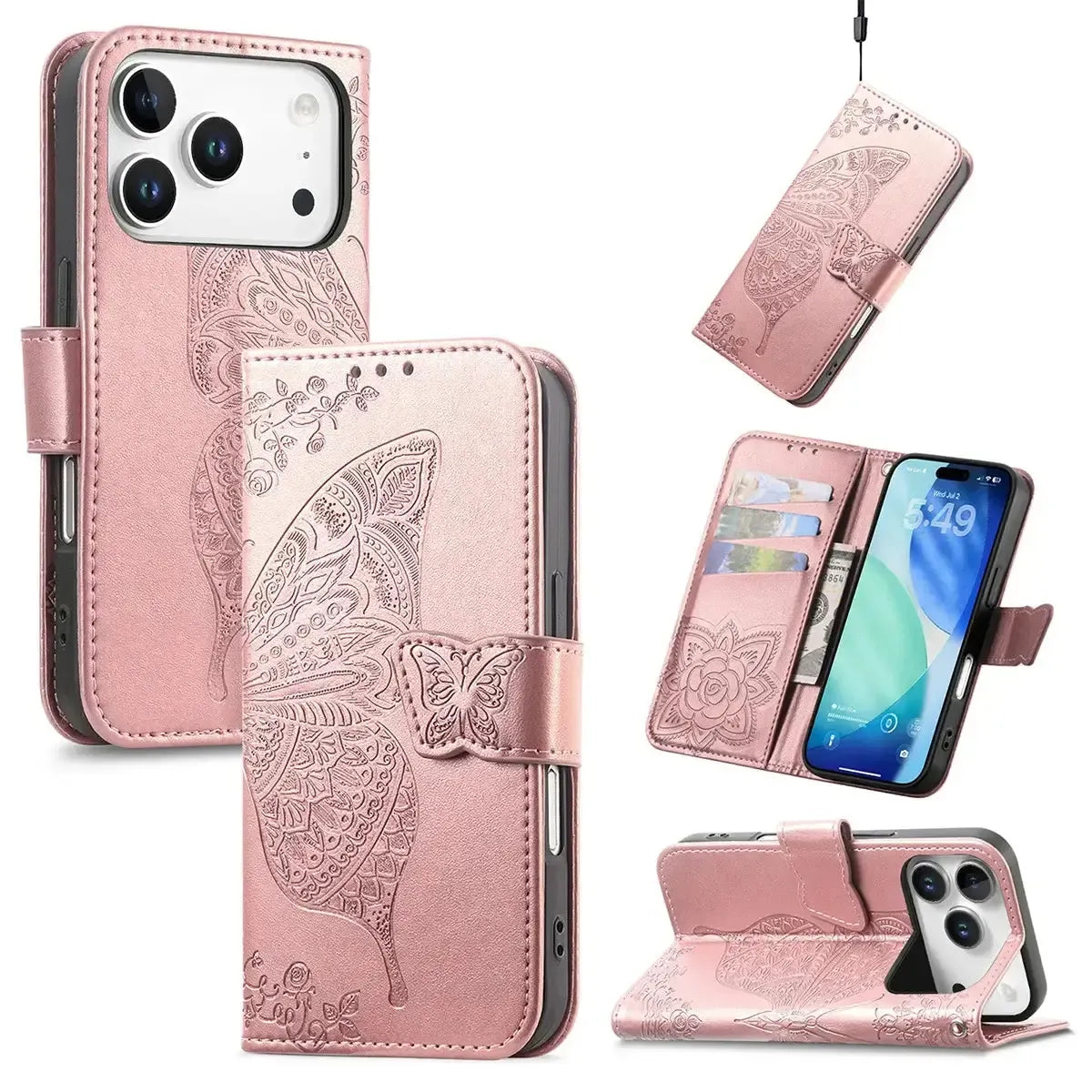Buy Wallet Case for iPhone, Leather Flip Cover with Card Slots, Wrist Strap, Butterfly Embossed Design, Stand Feature - VANNY at Caseles-iPhone 17 Pro Max, Rose Gold