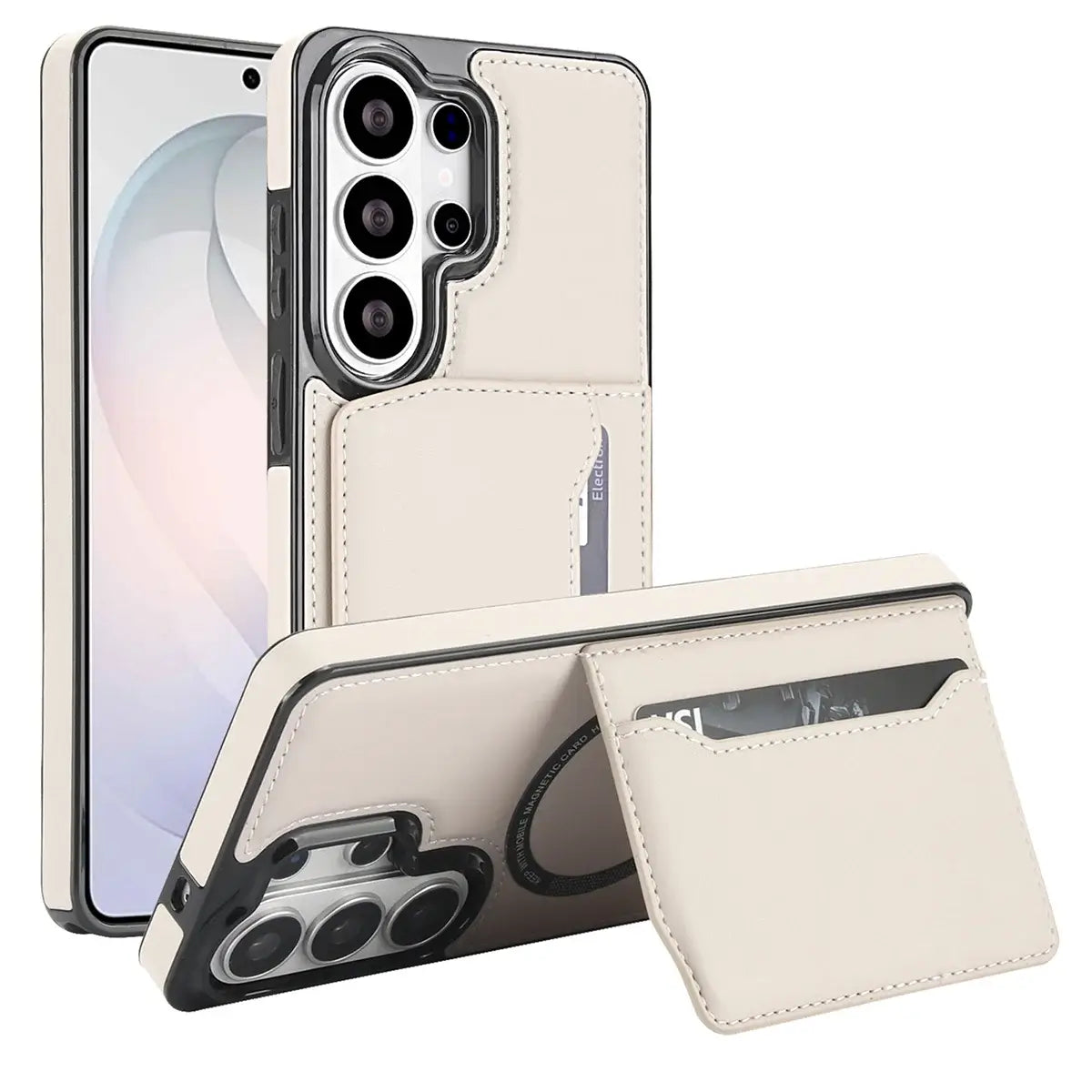 Buy Shockproof Protective Case with Card Holder, Magnetic Charging Compatibility & Hands-Free Viewing Stand - Vaun at Caseles-Samsung Galaxy S26 Ultra, Beige