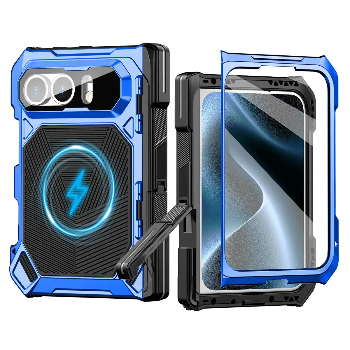 Buy Heavy-Duty Magnetic Case with Built-In PET Screen Protector, Hidden Hinge Kickstand & 18FT Drop Defense - VAUX at Caseles-iPhone Ultra, Blue
