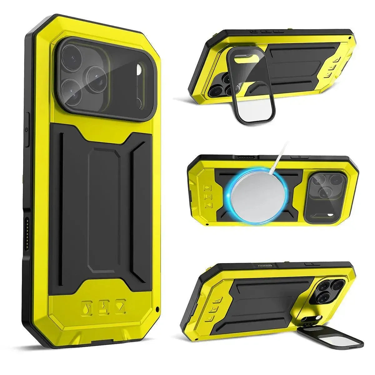 Buy iPhone Heavy Duty Metal Case with 360° Full Body Protection, Sliding Camera Cover, Built-in Screen Protector, Shockproof & Dustproof Armor Phone Cover - Warren at Caseles-iPhone 17 Pro Max, yellow