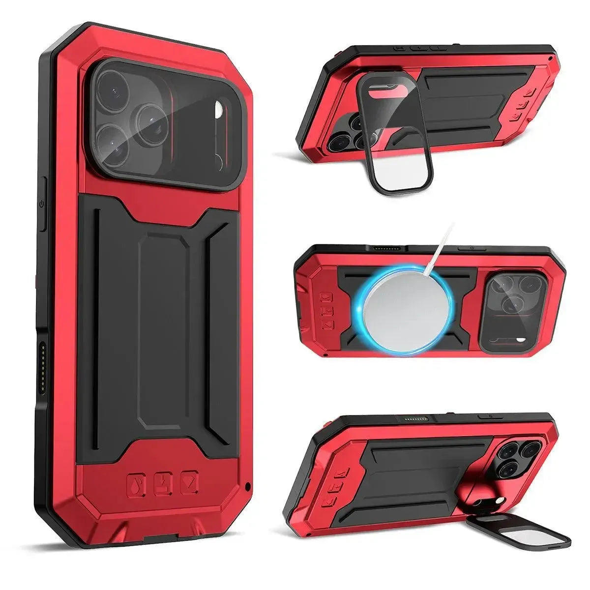 Buy iPhone Heavy Duty Metal Case with 360° Full Body Protection, Sliding Camera Cover, Built-in Screen Protector, Shockproof & Dustproof Armor Phone Cover - Warren at Caseles-iPhone 17 Pro Max, Red