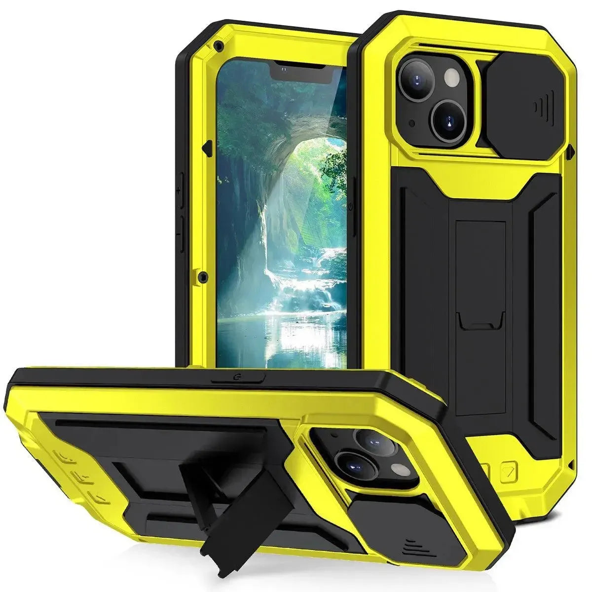 Buy iPhone Heavy Duty Metal Case with 360° Full Body Protection, Sliding Camera Cover, Built-in Screen Protector, Shockproof & Dustproof Armor Phone Cover - Warren at Caseles-iPhone 16 Pro Max, yellow