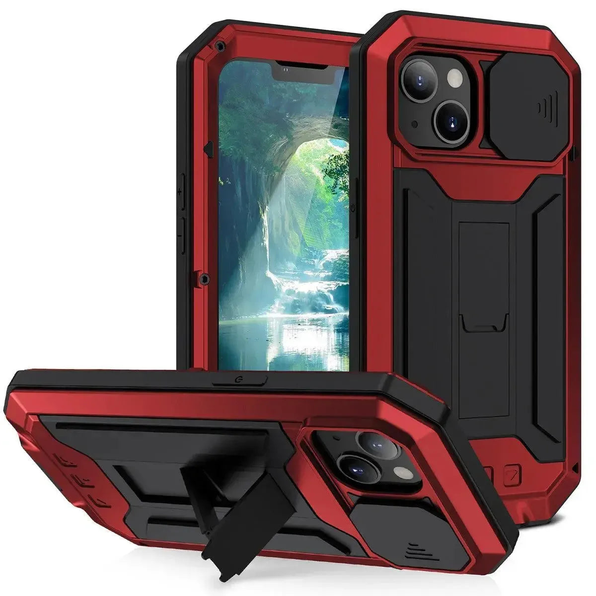 Buy iPhone Heavy Duty Metal Case with 360° Full Body Protection, Sliding Camera Cover, Built-in Screen Protector, Shockproof & Dustproof Armor Phone Cover - Warren at Caseles-iPhone 16 Pro Max, Red