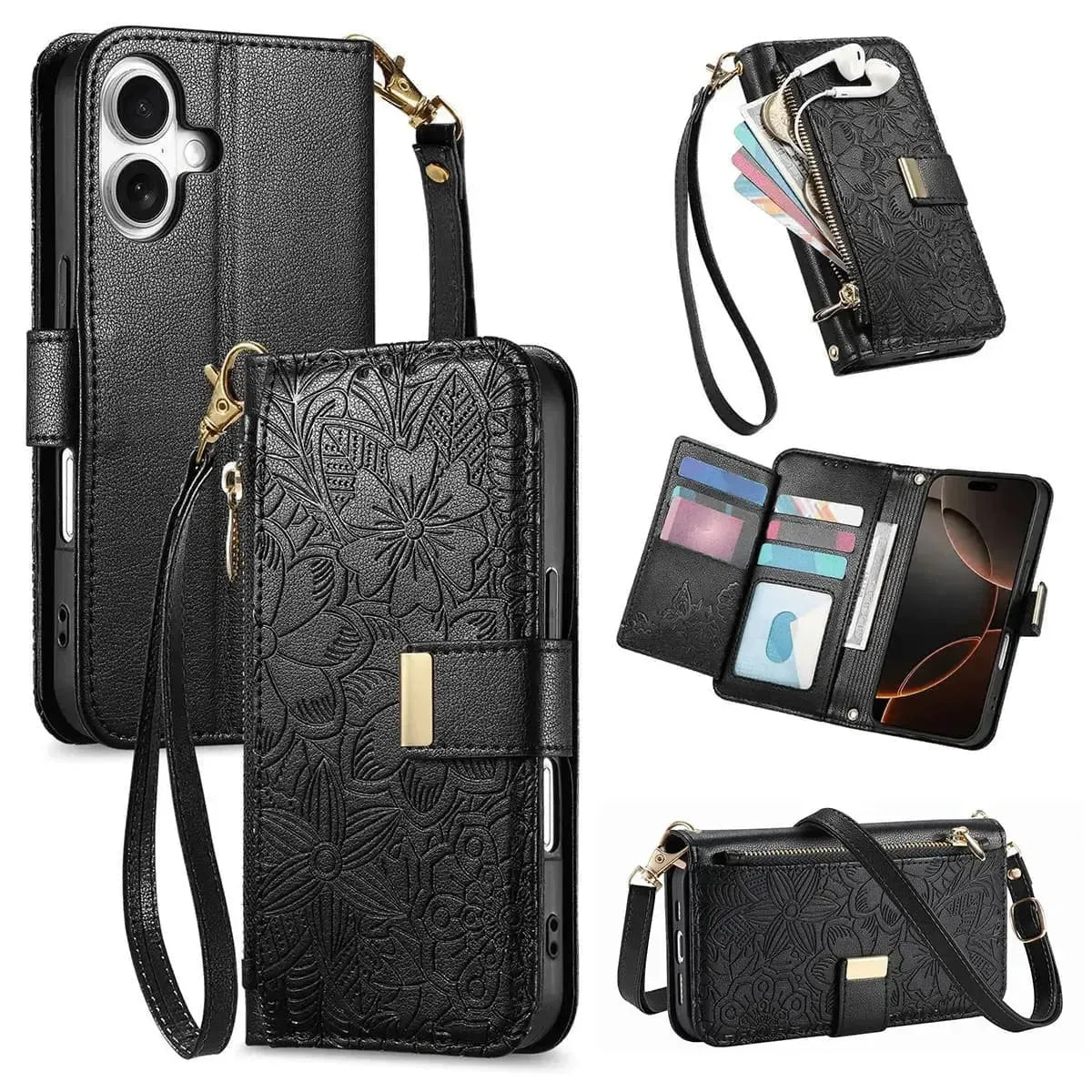 Buy PU Leather Wallet iPhone 17 Case with Card Slots, Wrist Strap, Stand, and Full Shockproof Protection, Willow at Caseles-iPhone 17 Pro Max, Black