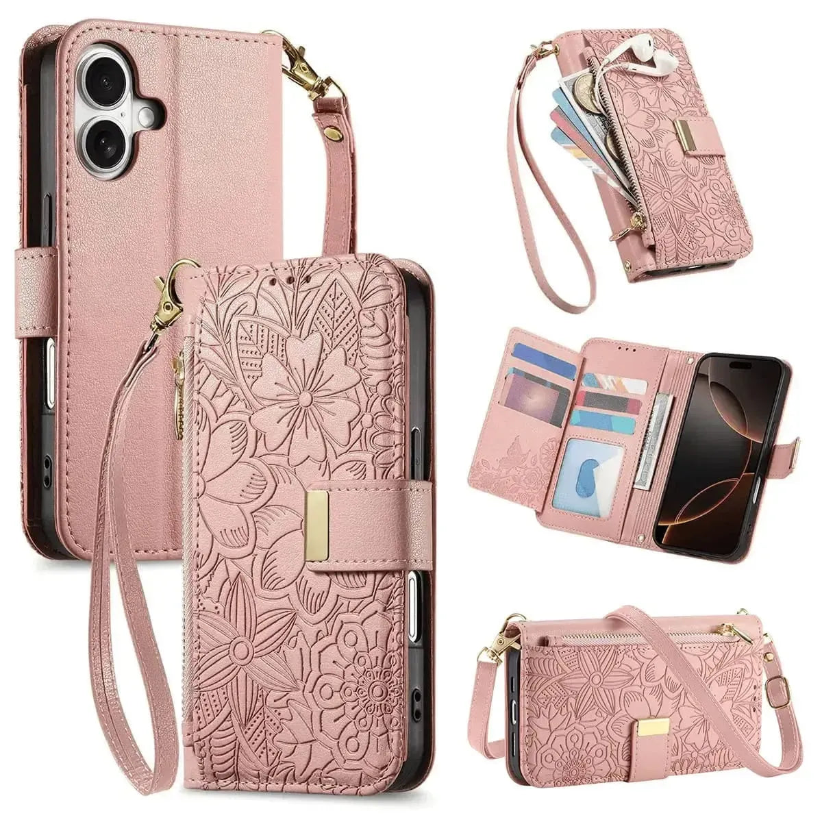 Buy PU Leather Wallet iPhone 17 Case with Card Slots, Wrist Strap, Stand, and Full Shockproof Protection, Willow at Caseles-iPhone 17 Pro Max, Pink