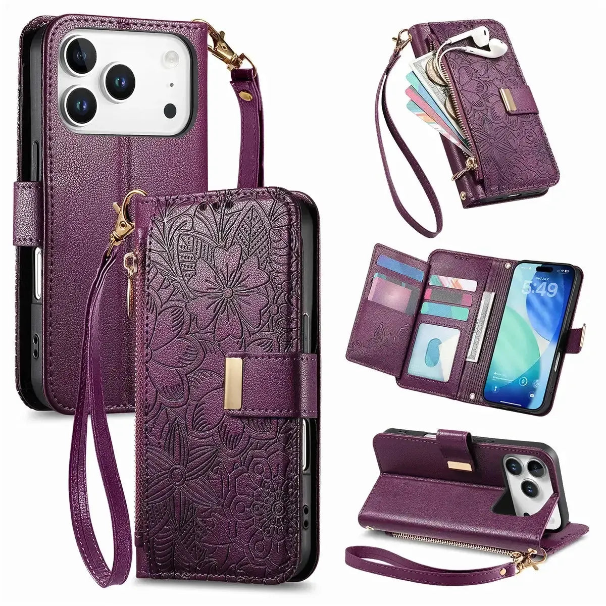 Buy PU Leather Wallet iPhone 17 Case with Card Slots, Wrist Strap, Stand, and Full Shockproof Protection, Willow at Caseles-iPhone 17 Pro Max, Purple