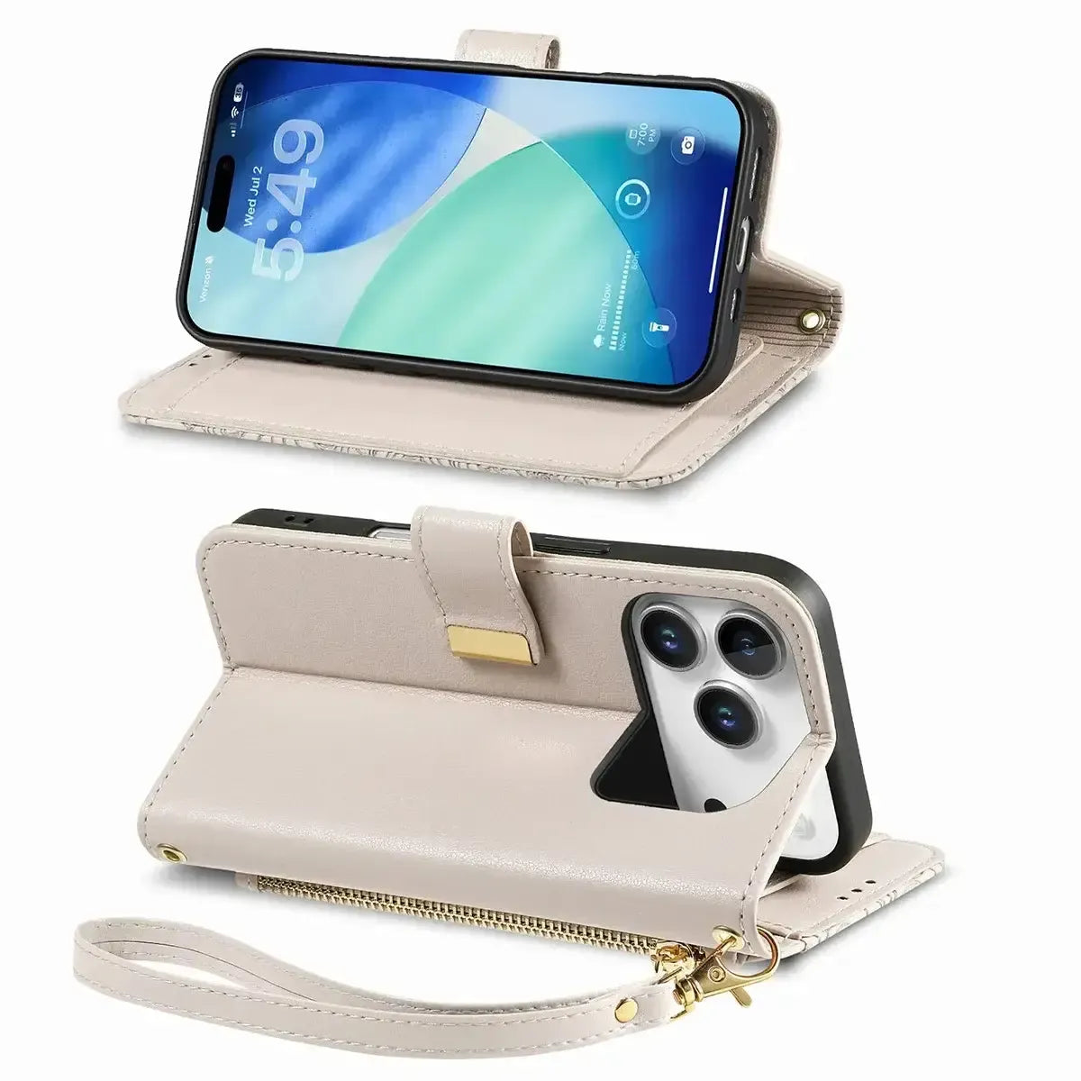 Buy PU Leather Wallet iPhone 17 Case with Card Slots, Wrist Strap, Stand, and Full Shockproof Protection, Willow at Caseles-iPhone 17 Pro Max, White