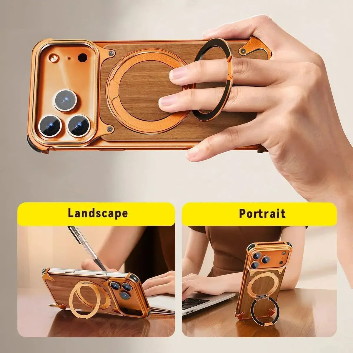 Buy Magnetic Wood Case Compatible with iPhone, Natural Wood & Aluminum Shockproof Protective Cover Unique Wooden Case with 360° Ring Stand, Natural Titanium - WYATT at Caseles-iPhone 17 Pro Max, Black