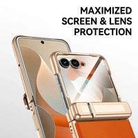 Buy Full-Body Tech-Leather Case for Moto Razr: Hinge Kickstand, Screen Protector & Wireless Charging - Hal at Caseles-Motorola Razr Ultra (2026), HD Clear-Orange
