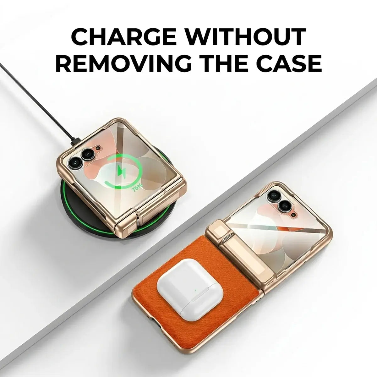 Buy Full-Body Tech-Leather Case for Moto Razr: Hinge Kickstand, Screen Protector & Wireless Charging - Hal at Caseles-Motorola Razr Ultra (2026), HD Clear-Orange