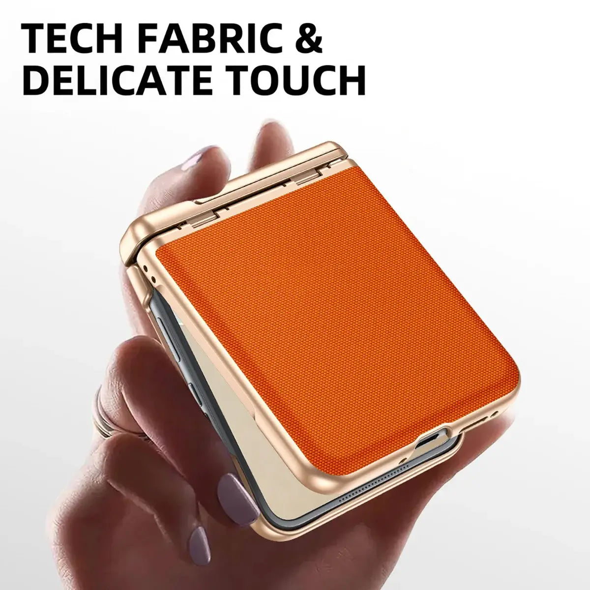 Buy Full-Body Tech-Leather Case for Moto Razr: Hinge Kickstand, Screen Protector & Wireless Charging - Hal at Caseles-Motorola Razr Ultra (2026), HD Clear-Orange