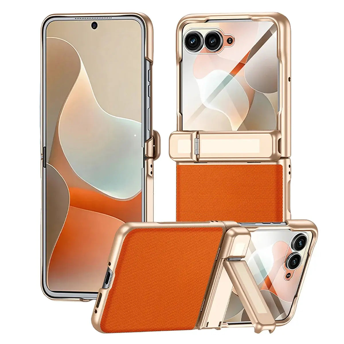 Buy Full-Body Tech-Leather Case for Moto Razr: Hinge Kickstand, Screen Protector & Wireless Charging - Hal at Caseles-Motorola Razr Ultra (2026), HD Clear-Orange