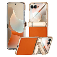 Buy Full-Body Tech-Leather Case for Moto Razr: Hinge Kickstand, Screen Protector & Wireless Charging - Hal at Caseles-Motorola Razr Ultra (2026), HD Clear-Orange
