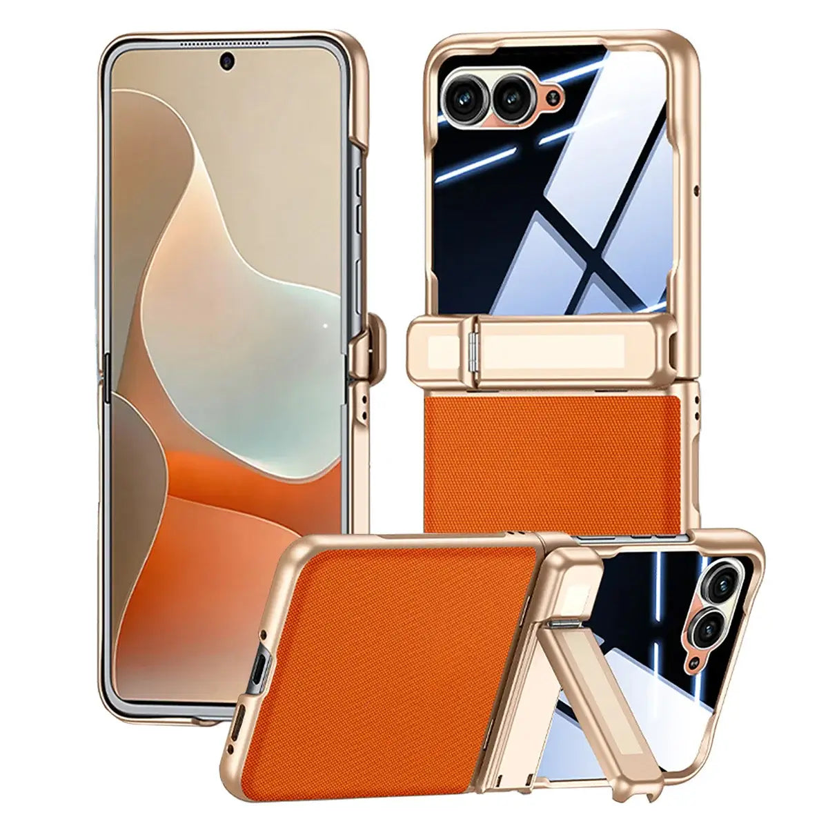 Buy Full-Body Tech-Leather Case for Moto Razr: Hinge Kickstand, Screen Protector & Wireless Charging - Hal at Caseles-Motorola Razr Ultra (2026), Privacy-Orange