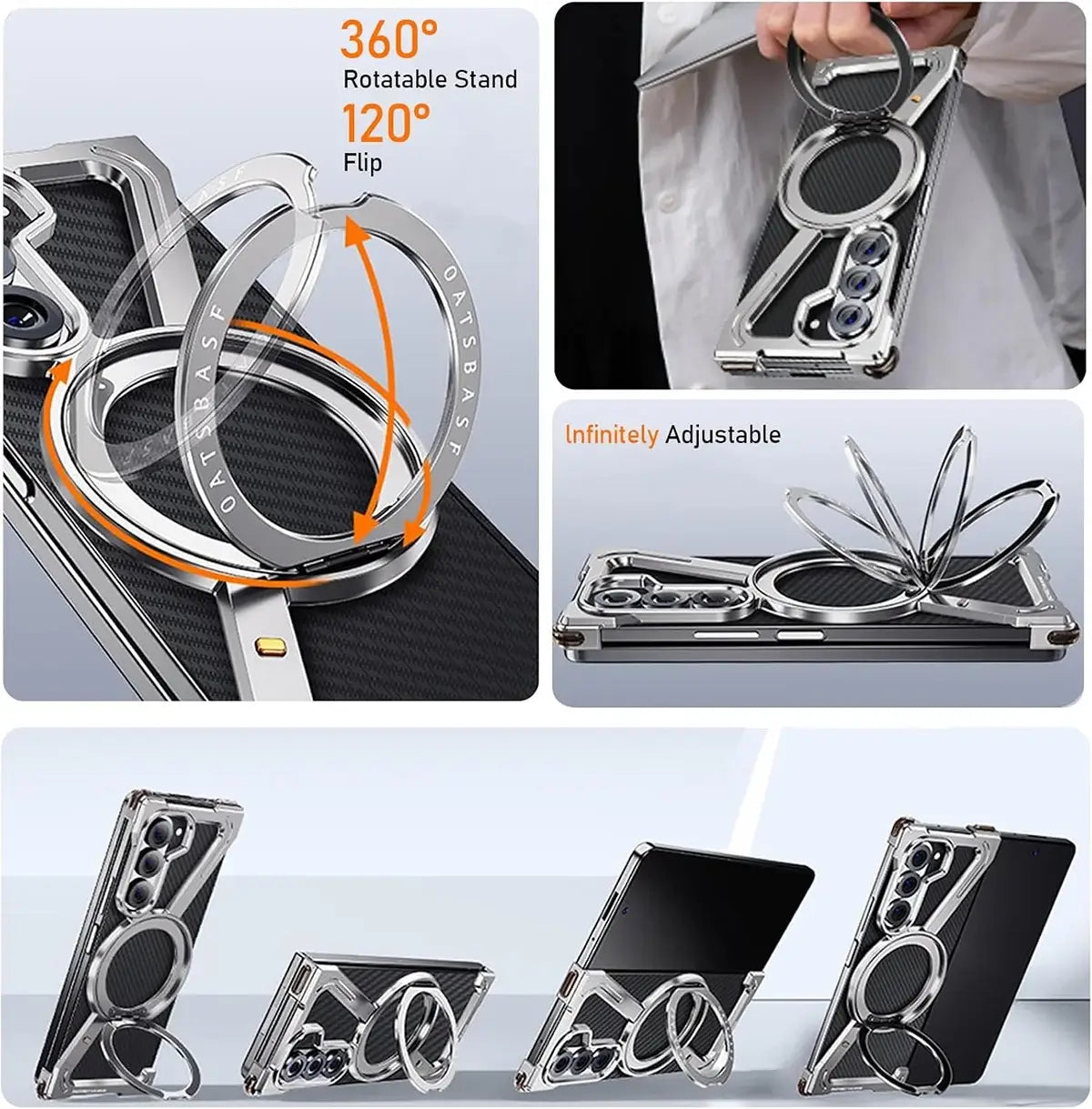 Buy Aluminum Metal Frameless Design Bumper Phone Case for Galaxy Z with Rotatable Ring Holder Magnetic Kickstand Cover - ZEE at Caseles-Samsung Galaxy Z Fold 7, Black