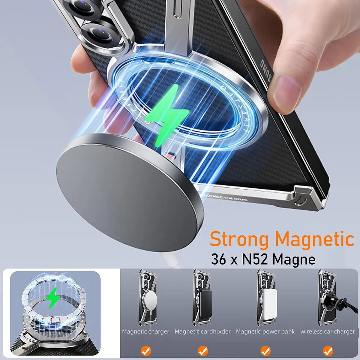 Buy Aluminum Metal Frameless Design Bumper Phone Case for Galaxy Z with Rotatable Ring Holder Magnetic Kickstand Cover - ZEE at Caseles-Samsung Galaxy Z Fold 7, Black