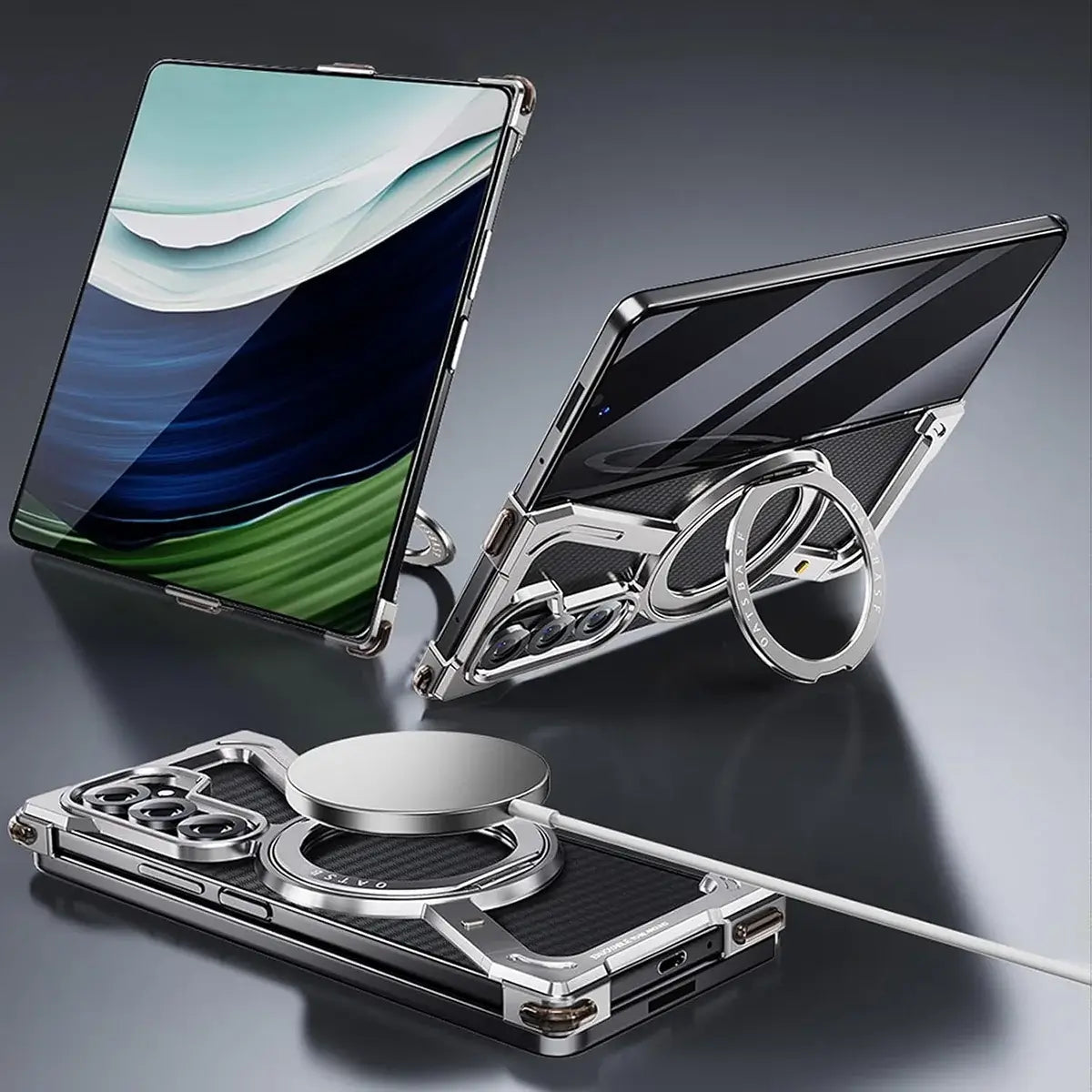 Buy Aluminum Metal Frameless Design Bumper Phone Case for Galaxy Z with Rotatable Ring Holder Magnetic Kickstand Cover - ZEE at Caseles-Samsung Galaxy Z Fold 7, Black